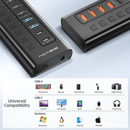 ACASIS - USB 3.0 11-Port Powered Hi-Speed Hub with 4 X USB 3.0 + 3 X USB 2.0 + 4 X Smart Charging - Serious Techies