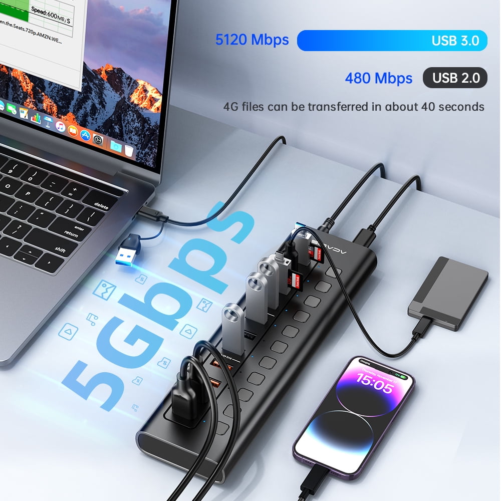 ACASIS - USB 3.0 11-Port Powered Hi-Speed Hub with 4 X USB 3.0 + 3 X USB 2.0 + 4 X Smart Charging - Serious Techies