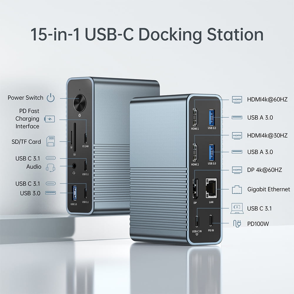 ACASIS - 15-In-1 USB C Desktop Docking Station for USB-C Laptop, 4K HDMI Display, DP 4K@60 HZ, 2*USB3.1 10GBPS, SD/TF, Audio, RJ45 for Mac & Windows, DS7A15 - Serious Techies