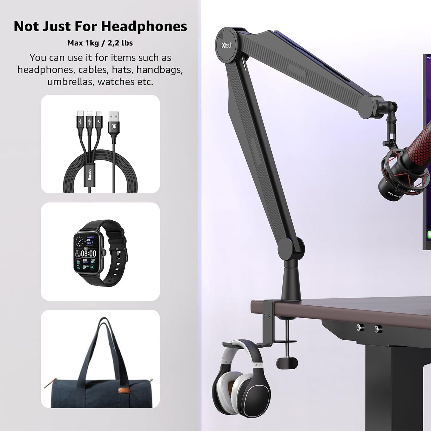 IXTECH - Mic Boom Arm Microphone Arm for Blue Yeti Shure Sm7B Hyperx Quadcast Rode At2020 and Fifine Upgraded Mic Stand with Tablet and Headphone Holder for Gaming Podcasting and Streaming CAPTAIN PRO - Serious Techies