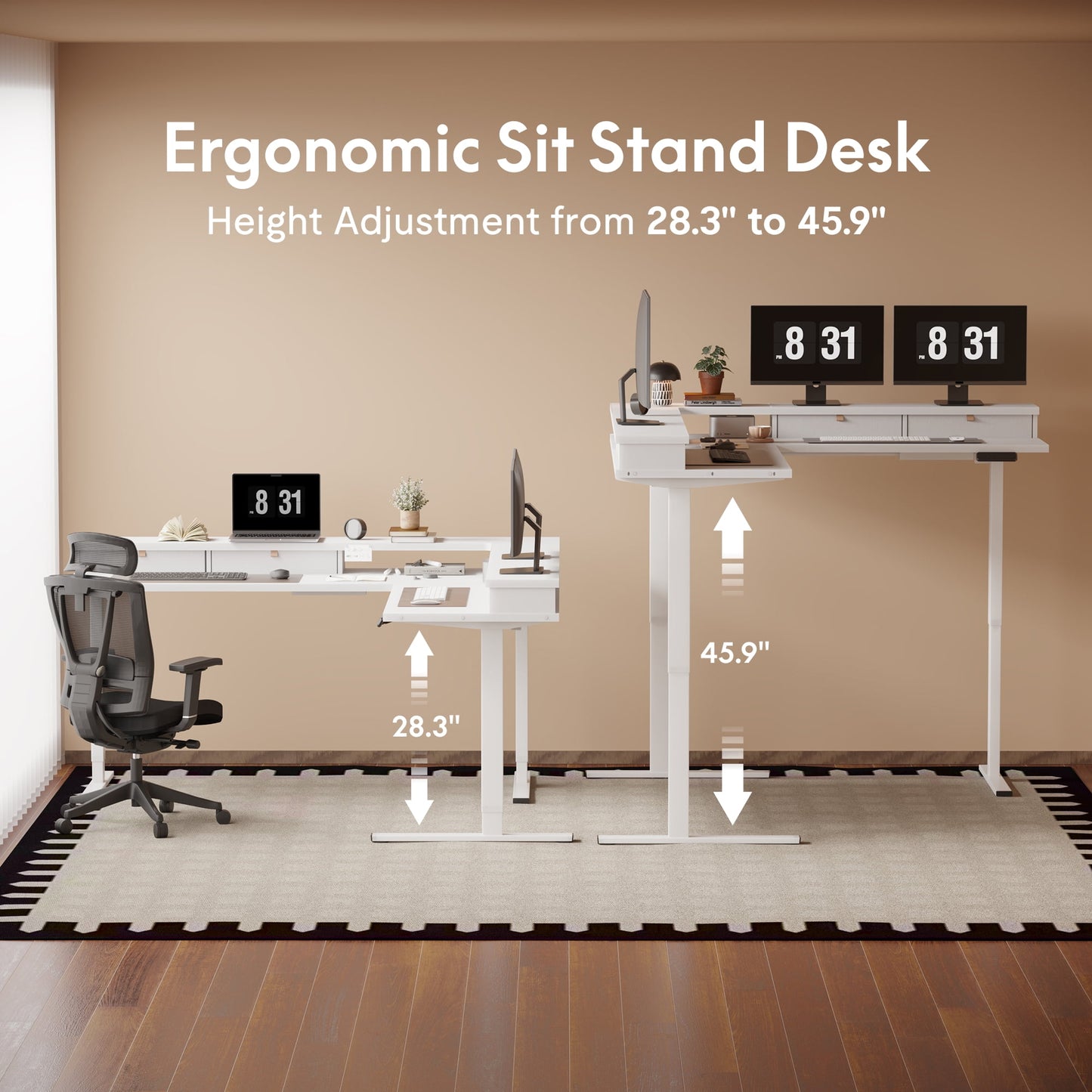 FLEXISPOT - 63 Inch L Shaped Standing Desk with Drawers and Shelf, Electric Adjustable Workstation with USB Charging for Home Office, White Top and Frame - Serious Techies