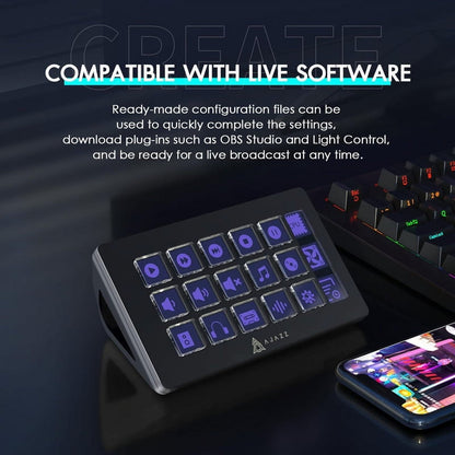 AJAZZ - AKP153 Studio Deck Stream Controller - 15 Macro Keys for OBS, Youtube, Twitch - Works with Pc/Mac (Black)