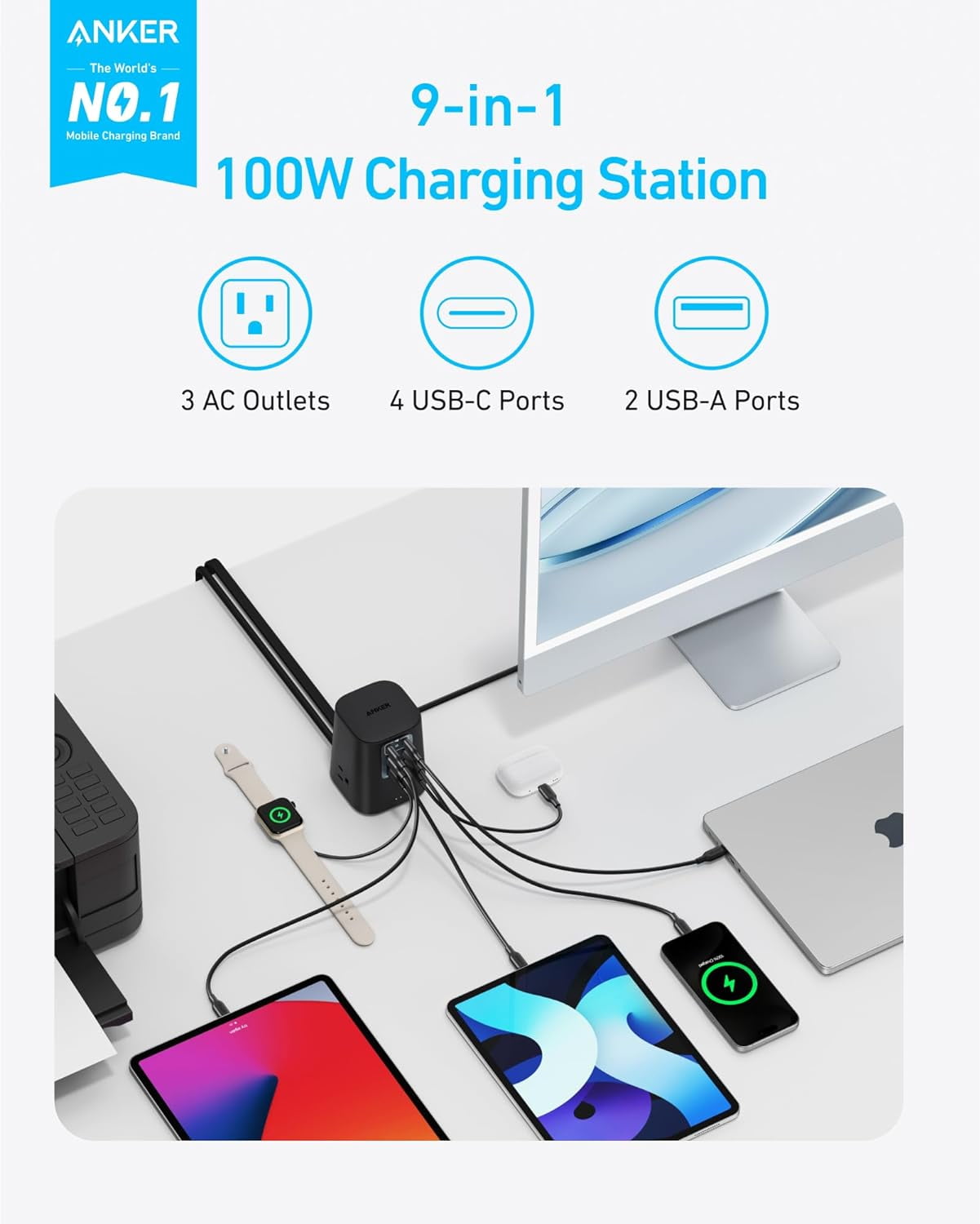 Anker - Charging Station (100W), 9-In-1 USB C Power Strip with 300J Surge Protection - Serious Techies