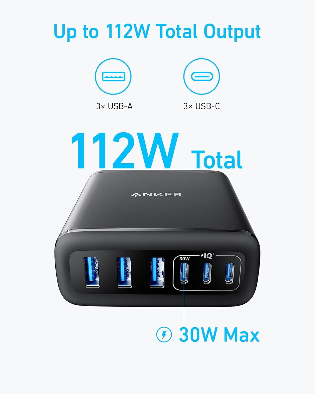 Anker - Desktop Charger, Fast Charging USB C Charger, 112W Max 6-Port Charging Station - Serious Techies