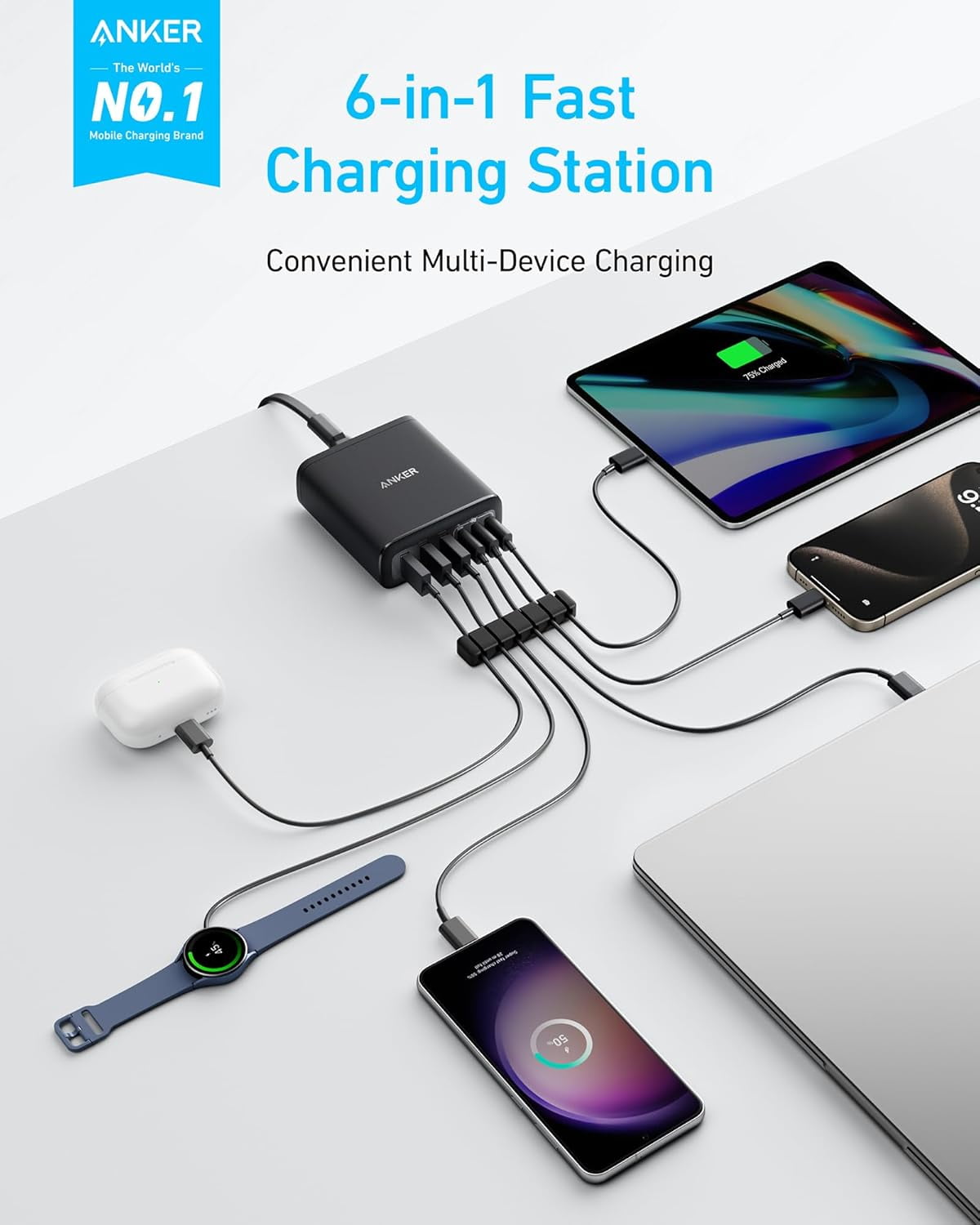 Anker - Desktop Charger, Fast Charging USB C Charger, 112W Max 6-Port Charging Station - Serious Techies