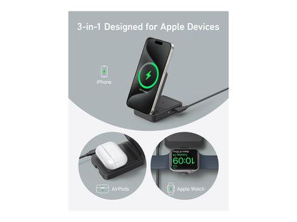 Anker - Maggo 3 in 1 Iphone 16 Charging Station, Magsafe-Compatible Wireless Charger Stand, Qi2 Certified 15W Foldable Charger for Iphone 15, Airpods, Apple Watch 9 (Not a Power Bank, Adapter Included) - Serious Techies