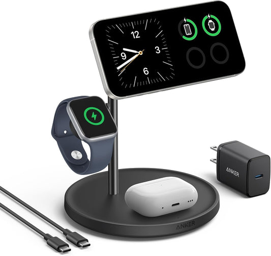 Anker - Magsafe-Compatible Wireless Charging Stand, Maggo 3 in 1 Wireless Charging Station, Qi2 Certified 15W Wireless Charger for Iphone 15/15 Pro/14/13/12, Apple Watch, Airpods - Serious Techies