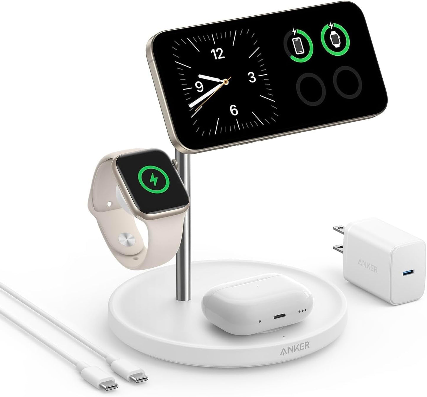 Anker - Magsafe-Compatible Wireless Charging Stand, Maggo 3 in 1 Wireless Charging Station, Qi2 Certified 15W Wireless Charger for Iphone 15/15 Pro/14/13/12, Apple Watch, Airpods - Serious Techies