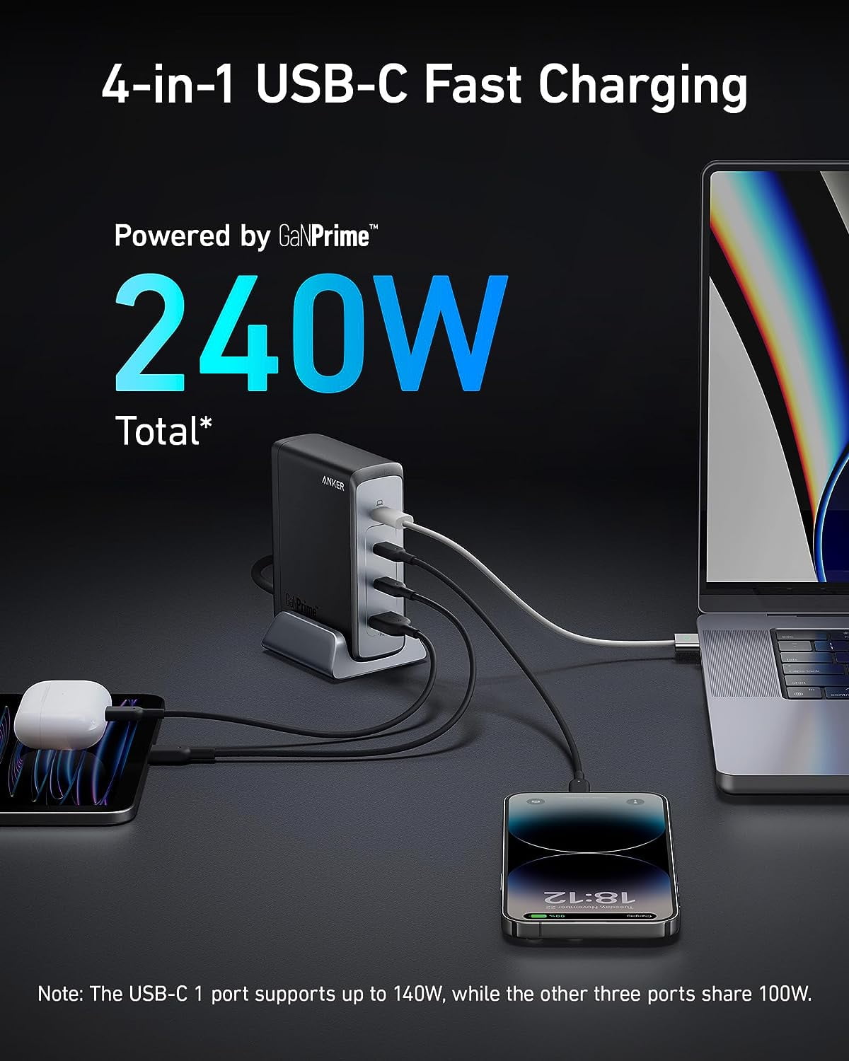 Anker - Prime 240W Gan Desktop Charger (4 Ports) - 240 W - 120 V AC, 230 V AC Input - 5 V DC, 9 V DC, 12 V DC, 15 V DC, 20 V DC Output - 5 A - Serious Techies