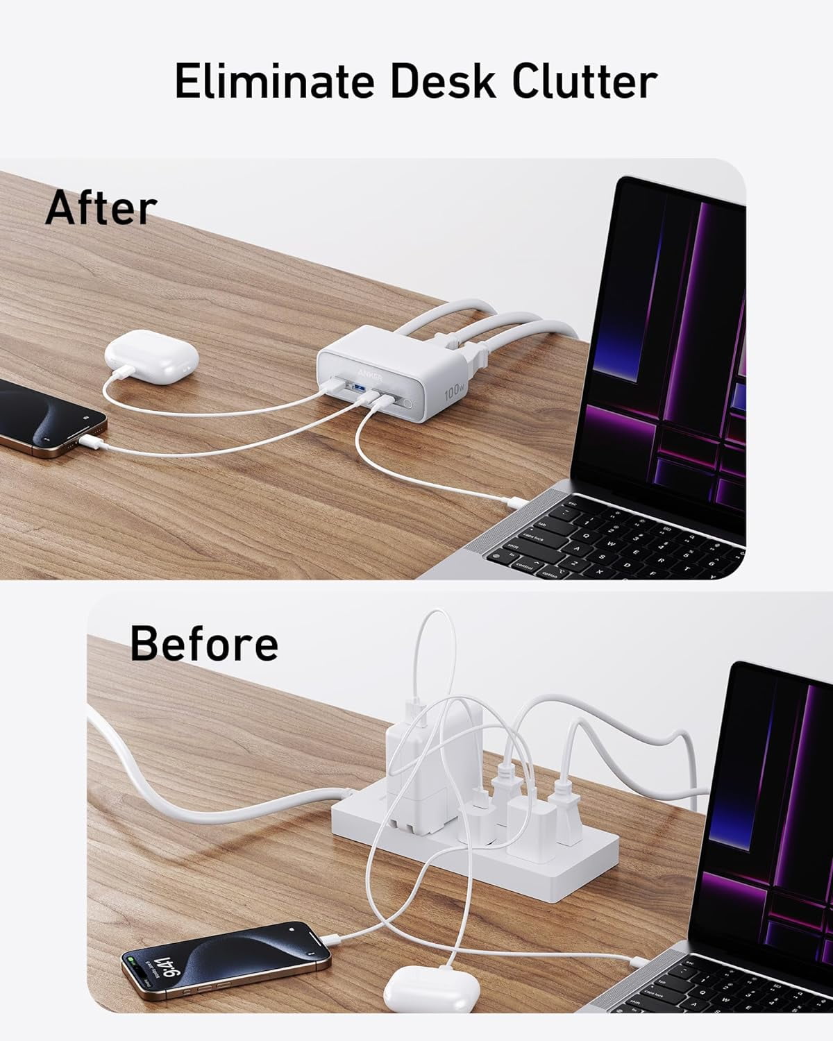 Anker - Charging Station(100W Max), 7-In-1 USB C Power Strip for Iphone 15/14 and Macbook Air/Pro, 5Ft Thin Cord,3 AC, 2 USB A,2 USB C,Power Delivery Desktop Accessory for Macbook Pro,Home&Office(White) - Serious Techies