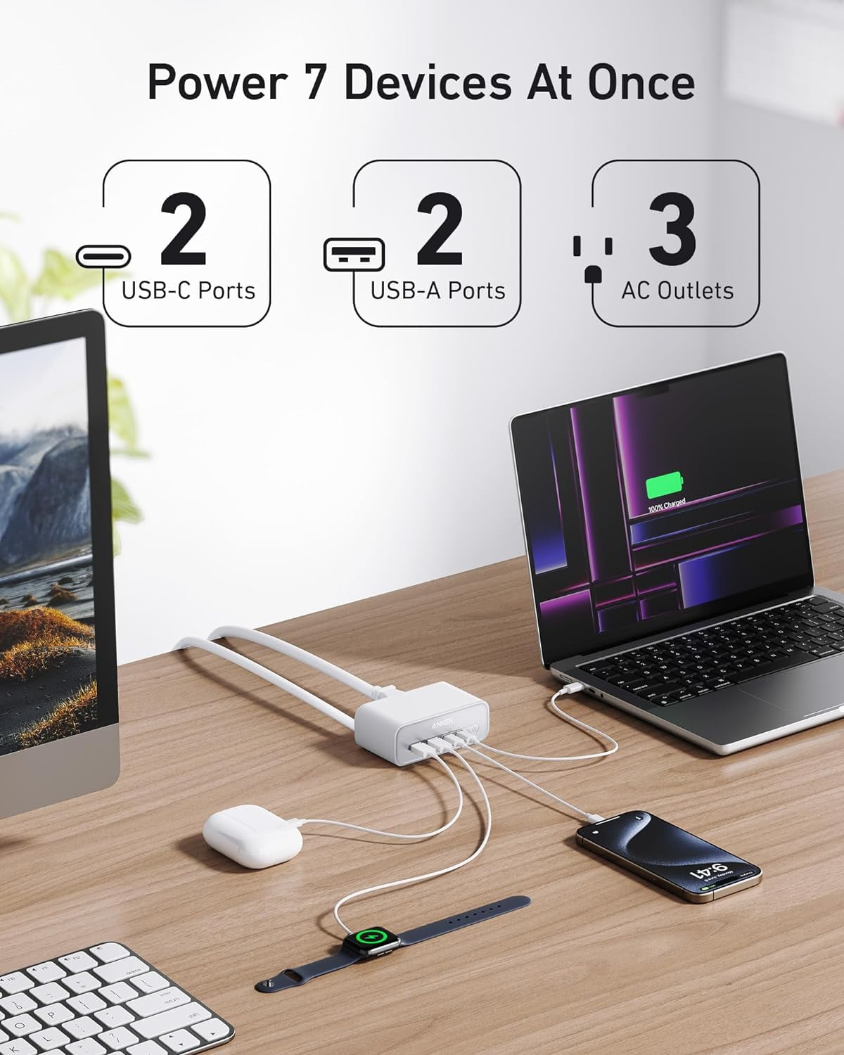 Anker - Charging Station(100W Max), 7-In-1 USB C Power Strip for Iphone 15/14 and Macbook Air/Pro, 5Ft Thin Cord,3 AC, 2 USB A,2 USB C,Power Delivery Desktop Accessory for Macbook Pro,Home&Office(White) - Serious Techies