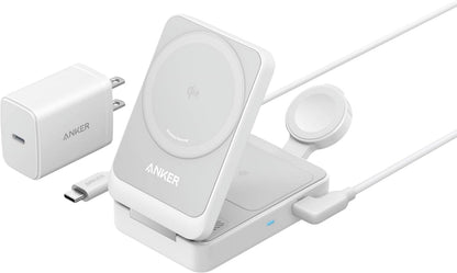 Anker MagGo 3-In-1 Qi2 Certified 15W Magsafe-Compatible Wireless Charger Stand, White - Serious Techies