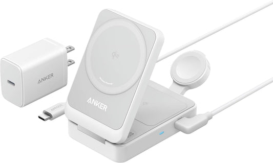 Anker MagGo 3-In-1 Qi2 Certified 15W Magsafe-Compatible Wireless Charger Stand, White - Serious Techies