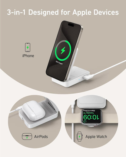 Anker MagGo 3-In-1 Qi2 Certified 15W Magsafe-Compatible Wireless Charger Stand, White - Serious Techies