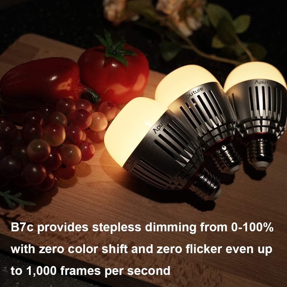 Aputure - Accent B7C Smart Led Light Bulbs 7W RGBWW,TLCI 96+ CRI 95+ 2,000K-10,000K Adjustable 0-100% Stepless Dimming CCT/HSI/FX Mode App Control Built-In Battery/Ac Power via E26/E27 Socket - Serious Techies