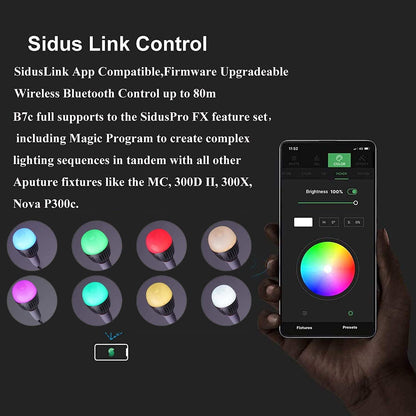 Aputure - Accent B7C Smart Led Light Bulbs 7W RGBWW,TLCI 96+ CRI 95+ 2,000K-10,000K Adjustable 0-100% Stepless Dimming CCT/HSI/FX Mode App Control Built-In Battery/Ac Power via E26/E27 Socket - Serious Techies