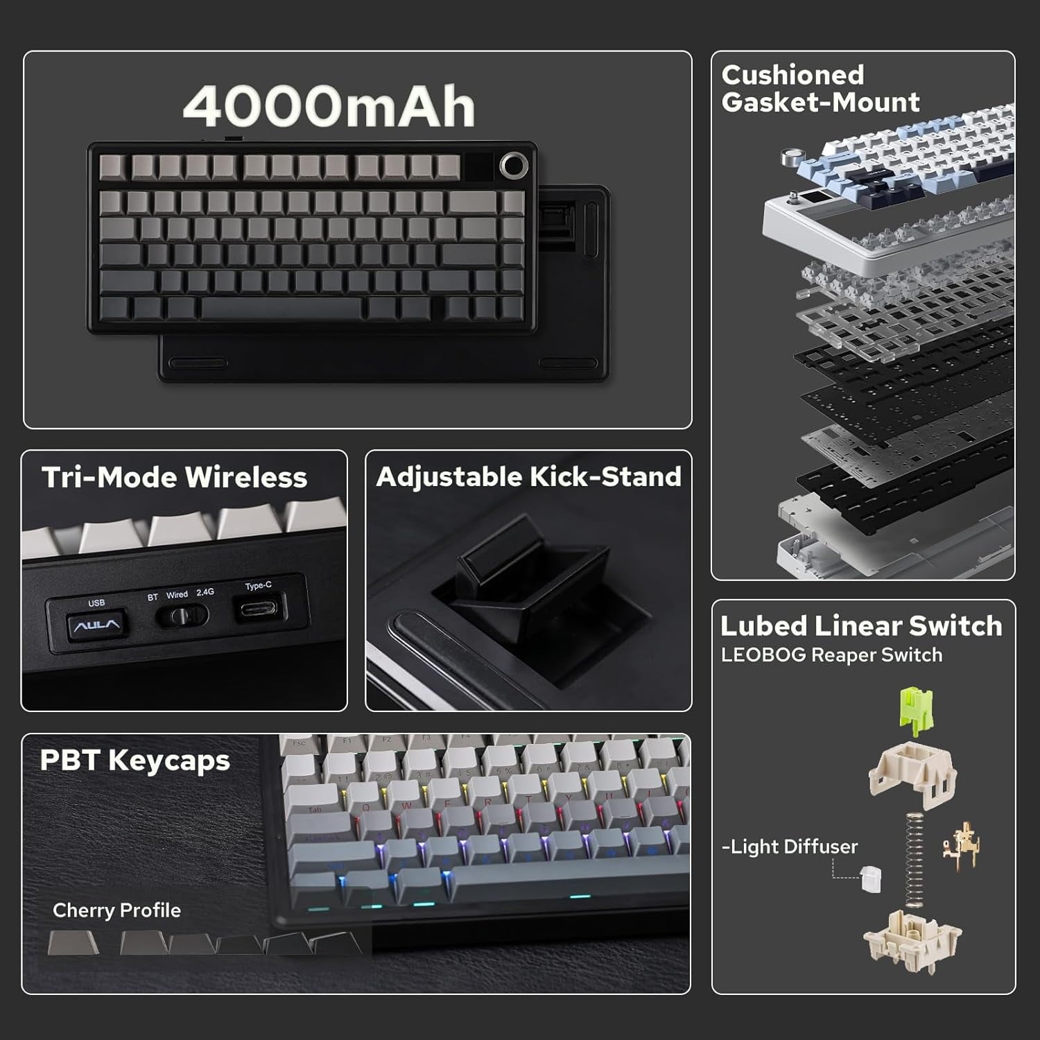 AULA - F75 Max Wireless Mechanical Keyboard with TFT Smart Screen, Tri-Mode Connectivity, Hot Swappable, RGB Backlit, Volume Knob, 75% Gasket Mount (Black Gradient) - Serious Techies