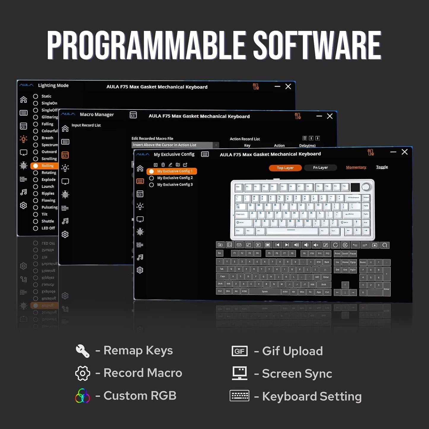 AULA - F75 Max Wireless Mechanical Keyboard with TFT Smart Screen, Tri-Mode Connectivity, Hot Swappable, RGB Backlit, Volume Knob, 75% Gasket Mount (Black Gradient) - Serious Techies