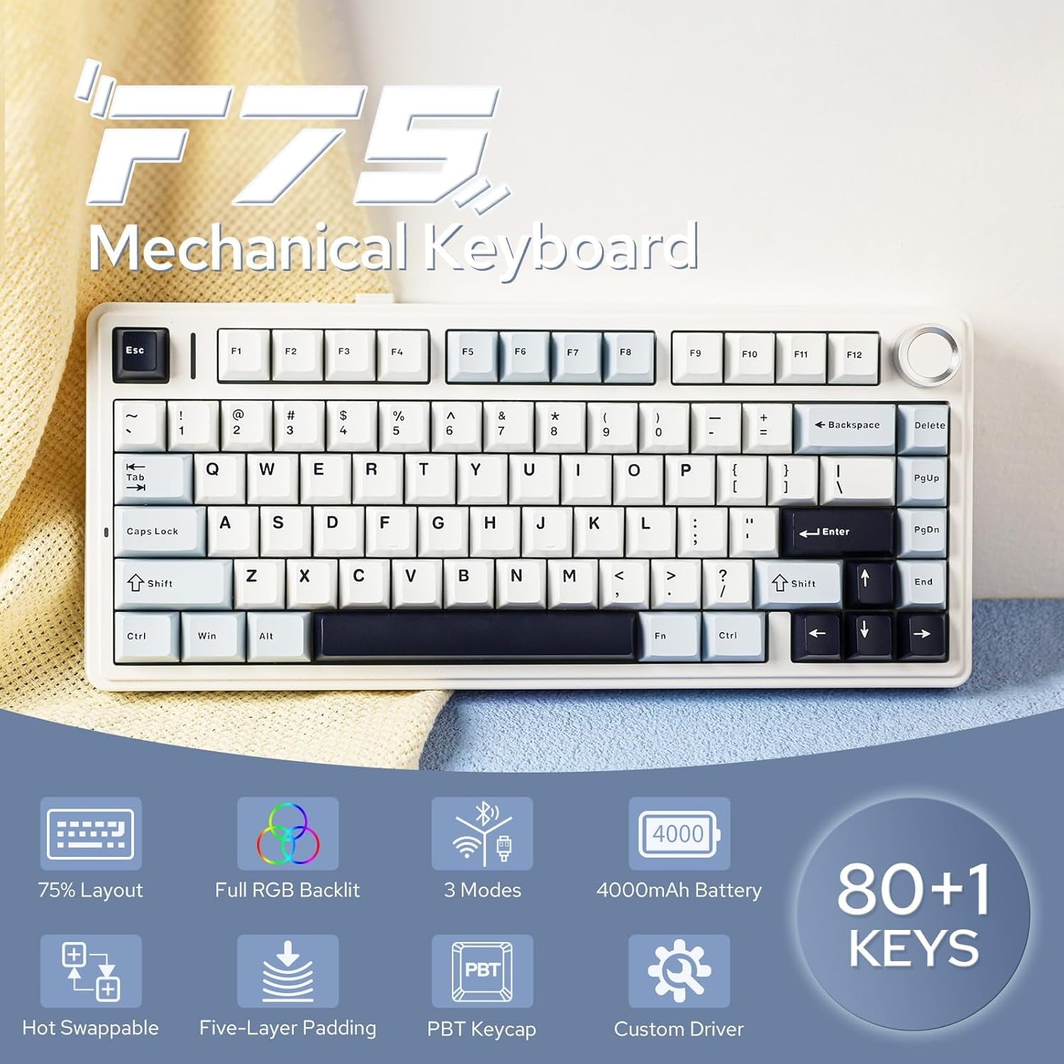 AULA - F75 75% Wireless Mechanical Gaming Keyboard, Hot Swappable, RGB Backlit, Bluetooth/2.4Ghz/Usb-C, Knob Control, Light Blue - Serious Techies