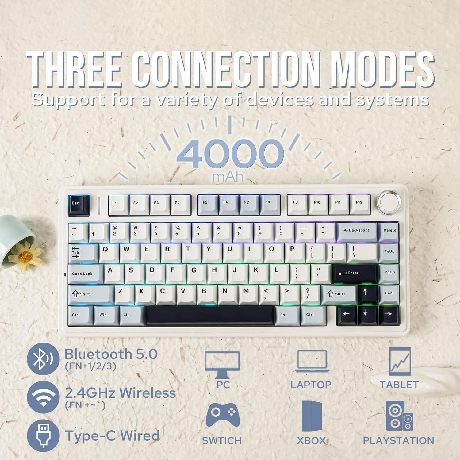 AULA - F75 75% Wireless Mechanical Gaming Keyboard, Hot Swappable, RGB Backlit, Bluetooth/2.4Ghz/Usb-C, Knob Control, Light Blue - Serious Techies