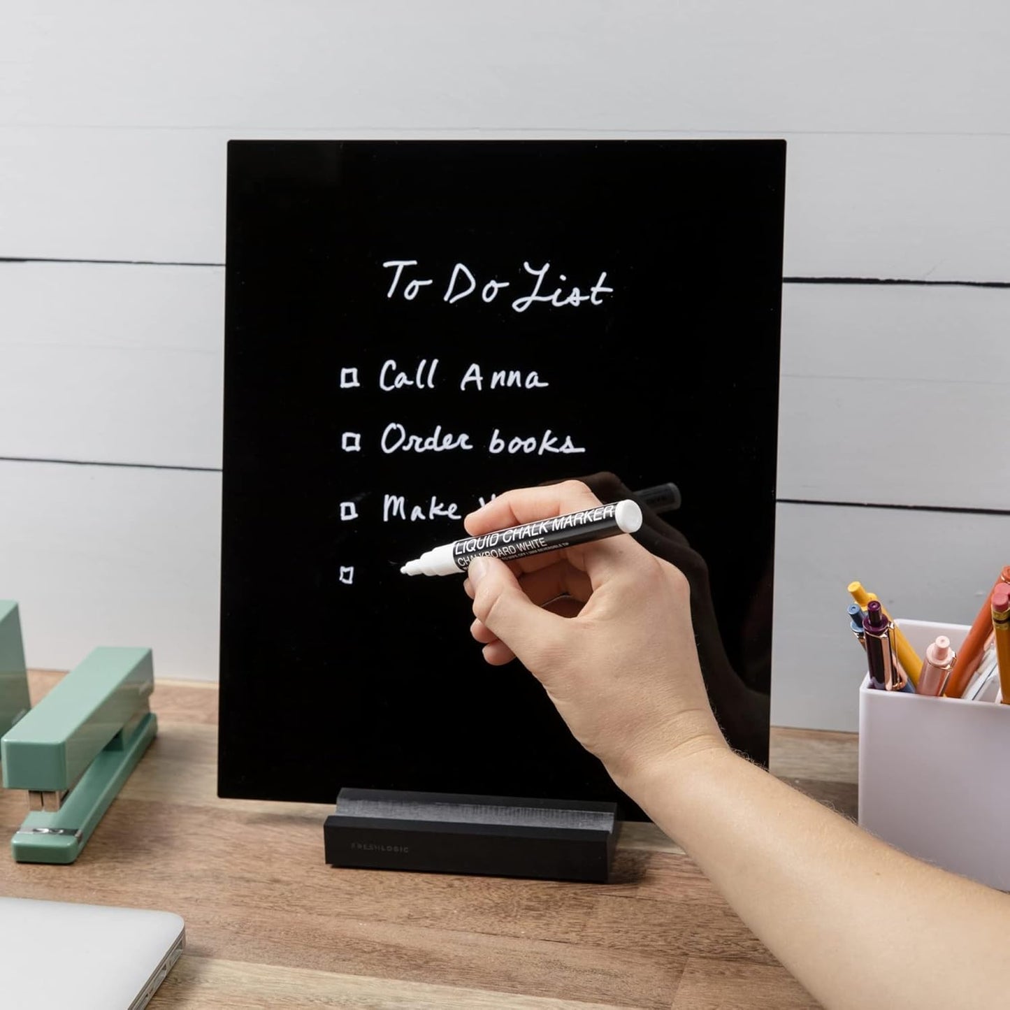 FRESH LOGIC - Acrylic Black Dry Erase Board with Stand – 10"X12" Desk Whiteboard for Office, Home or School – Reusable Desk Blackboard with Marker – Portable Chalkboard Easel for Notes, Reminders & To-Do Lists - Serious Techies