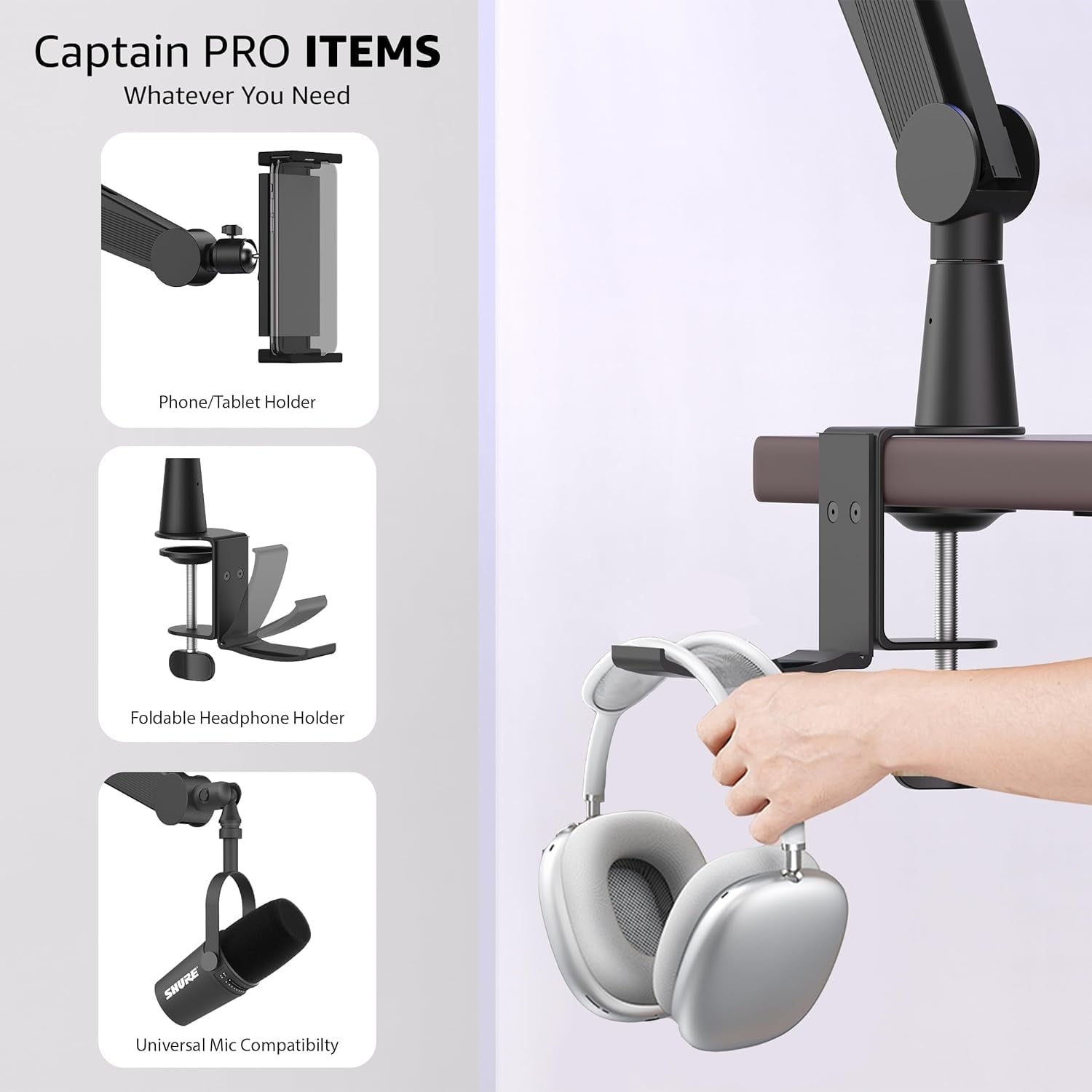 IXTECH - Mic Boom Arm Microphone Arm for Blue Yeti Shure Sm7B Hyperx Quadcast Rode At2020 and Fifine Upgraded Mic Stand with Tablet and Headphone Holder for Gaming Podcasting and Streaming CAPTAIN PRO - Serious Techies