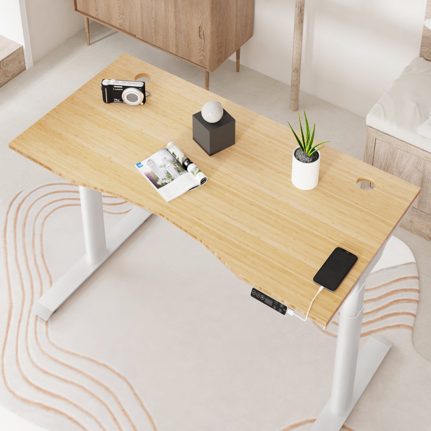 FLEXISPOT - 48"X24" Dual Motors 3-Stage Height Adjustable Standing Desk Ergonomic Home Office Sit Stand Desk with USB Port, Bamboo Curved Desktop White Oval Frame - Serious Techies