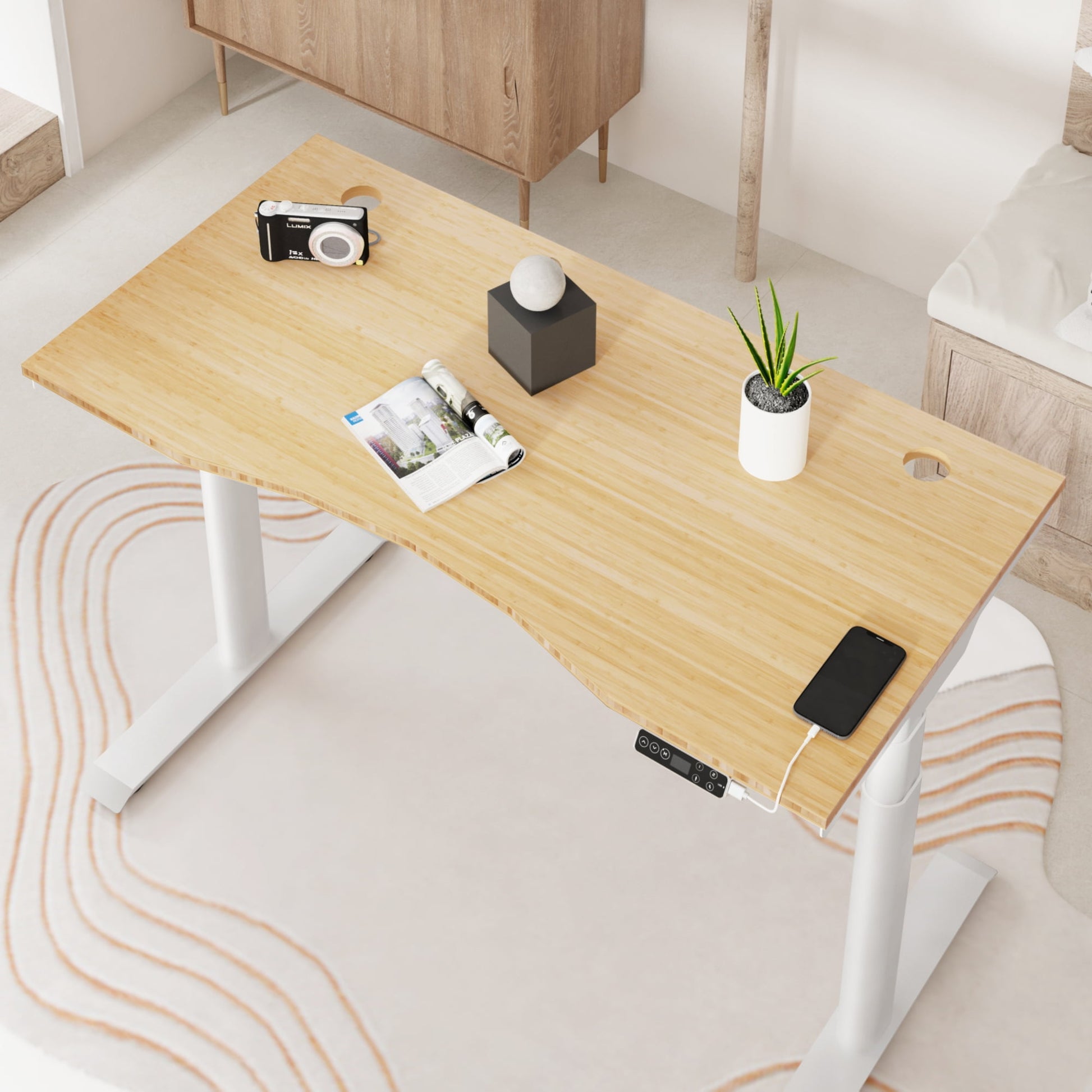 FLEXISPOT - 48"X24" Dual Motors 3-Stage Height Adjustable Standing Desk Ergonomic Home Office Sit Stand Desk with USB Port, Bamboo Curved Desktop White Oval Frame - Serious Techies