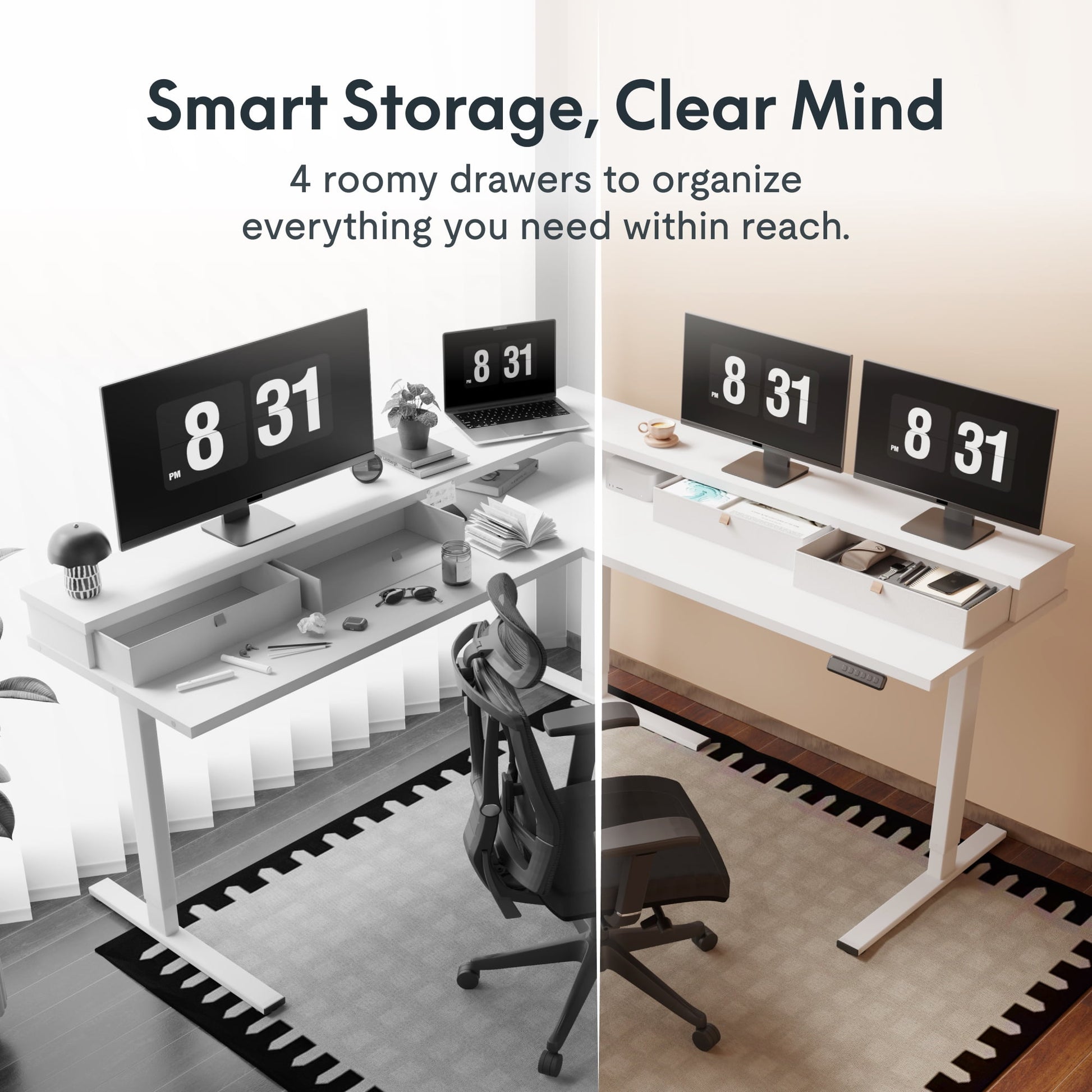 FLEXISPOT - 63 Inch L Shaped Standing Desk with Drawers and Shelf, Electric Adjustable Workstation with USB Charging for Home Office, White Top and Frame - Serious Techies