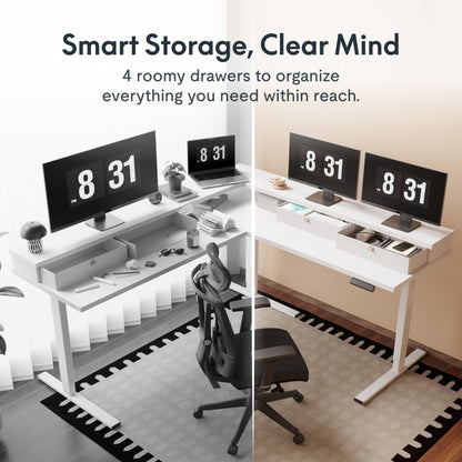 FLEXISPOT - 63 Inch L Shaped Standing Desk with Drawers and Shelf, Electric Adjustable Workstation with USB Charging for Home Office, White Top and Frame - Serious Techies