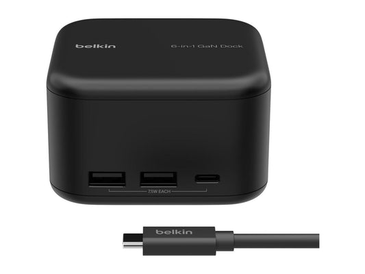 Belkin - Connect USB-C 6-In-1 Core Gan Dock 130W, Multiport Docking Station W/ 96W PD to Peripherals, USB-C, USB-A, Gigabit Ethernet, & HDMI 4K Ports for Gaming, Macbook Pro, PC Laptops, & Chromebook - Serious Techies
