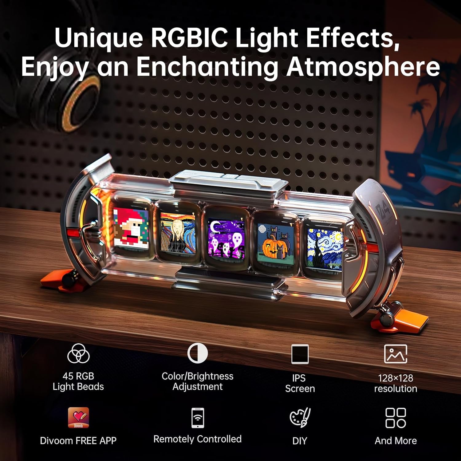 Divoom - Times Gate - Cyberpunk Gaming Setup Digital Alarm Clock, Smart APP, Wifi Connect, RGB LED Display, Personalized Financial & Bitcoin Dashboard, Pixel Art for Gaming Room & Office Decor, Silver - Serious Techies