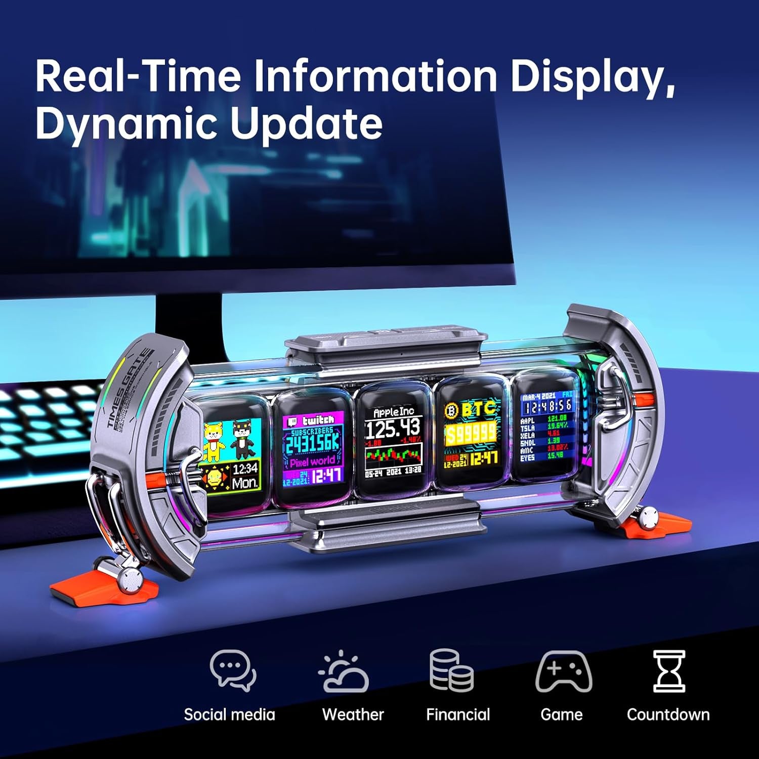 Divoom - Times Gate - Cyberpunk Gaming Setup Digital Alarm Clock, Smart APP, Wifi Connect, RGB LED Display, Personalized Financial & Bitcoin Dashboard, Pixel Art for Gaming Room & Office Decor, Silver - Serious Techies