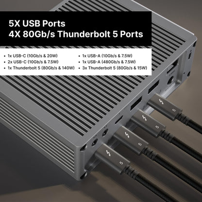 Caldigit -TS5 Thunderbolt 5 Dock - 15 Port, 140W Dedicated Host Charging, 80Gb/S Thunderbolt 5 X4, USB-C 10Gb/S X3, USB-A X2, 2.5Gbe, Dual 8K@60Hz, SD & Microsd UHS-II, 1M Braided Cable, 240W PSU - Serious Techies