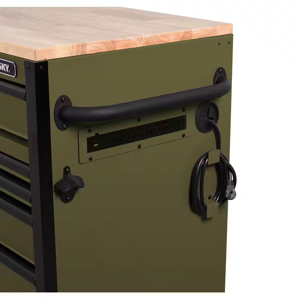 Husky - Heavy Duty 61 In. W X 23 In. D 15-Drawer Matte Army Green Mobile Workbench Cabinet with Solid Wood Top - Serious Techies