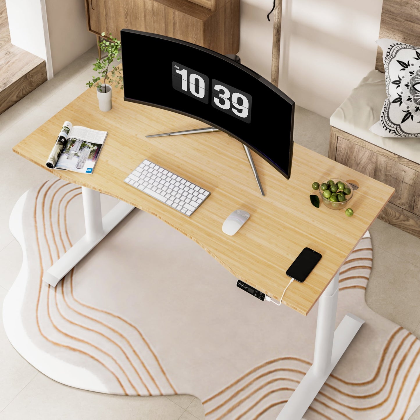 FLEXISPOT - 55"X28" Dual Motors 3-Stage Height Adjustable Standing Desk Ergonomic Home Office Sit Stand Desk with USB Port, Bamboo Curved Desktop White Oval Frame - Serious Techies