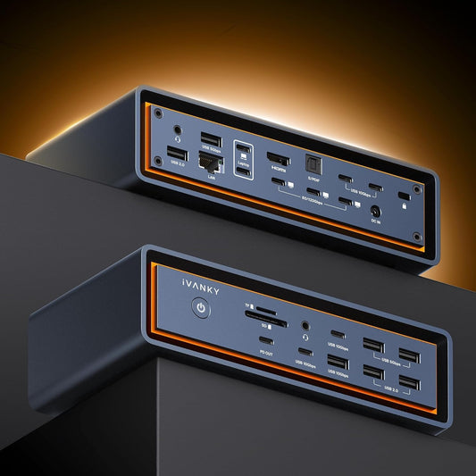 iVANKY - 23-In-1 Intel Certified Thunderbolt 5 Fusiondock Max 2, 120Gbps Macbook Docking Station, Triple 6K@60Hz Display for Mac M1-M5 Pro/Max, 140W PD, 2.5Gbe, Cooling Fan (***Incompatible with Windows***) - Serious Techies