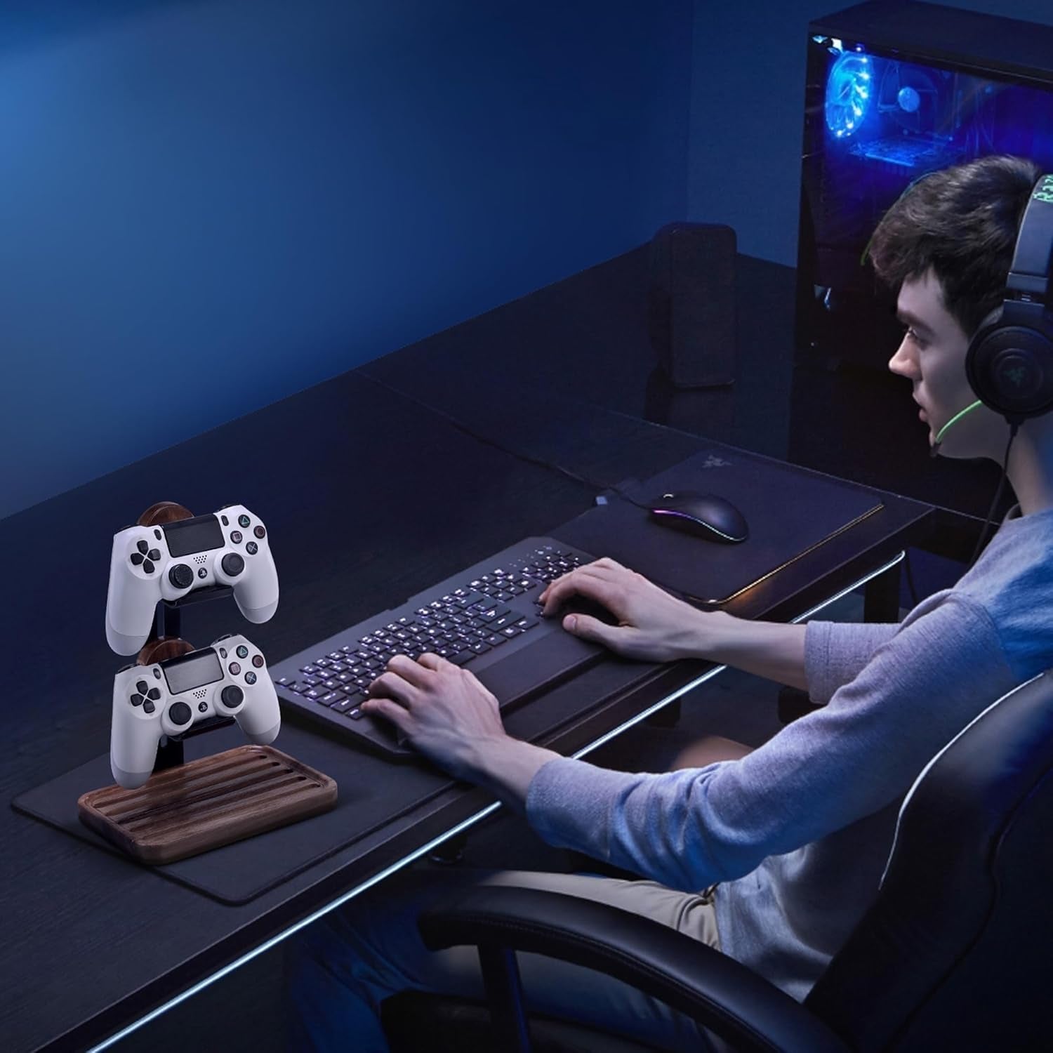  Blingwider - Game Controller Holder 2 Tier,Adjustable Game Controller Stand for Ps/Xbox/Switch/Nintendo,Game Controller Organizer,Accessories Managment on the Desk,Solid Wood,Matte Black - Serious Techies