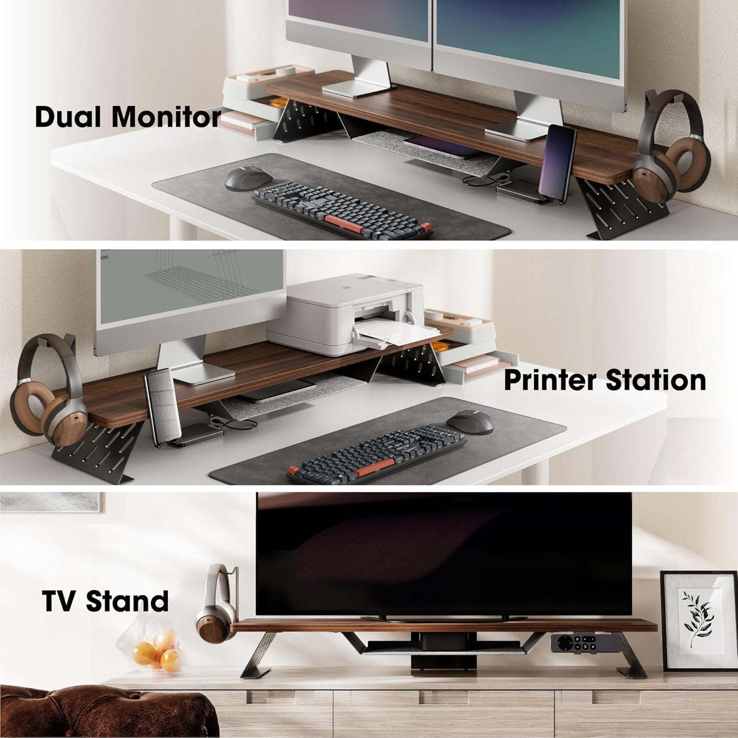 Dual Monitor Stand, 42.5 Inch Monitor Riser for Desk, Wood Desk Shelf for 2 Monitors, 2 Tier Monitor Shelf with Headphone Stand & Phone Holder