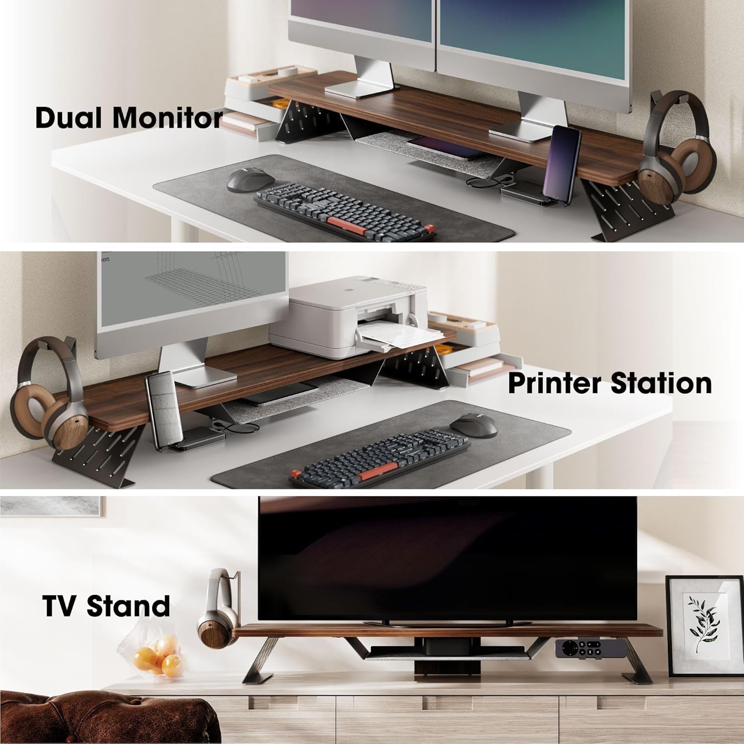Dual Monitor Stand, 42.5 Inch Monitor Riser for Desk, Wood Desk Shelf for 2 Monitors, 2 Tier Monitor Shelf with Headphone Stand & Phone Holder