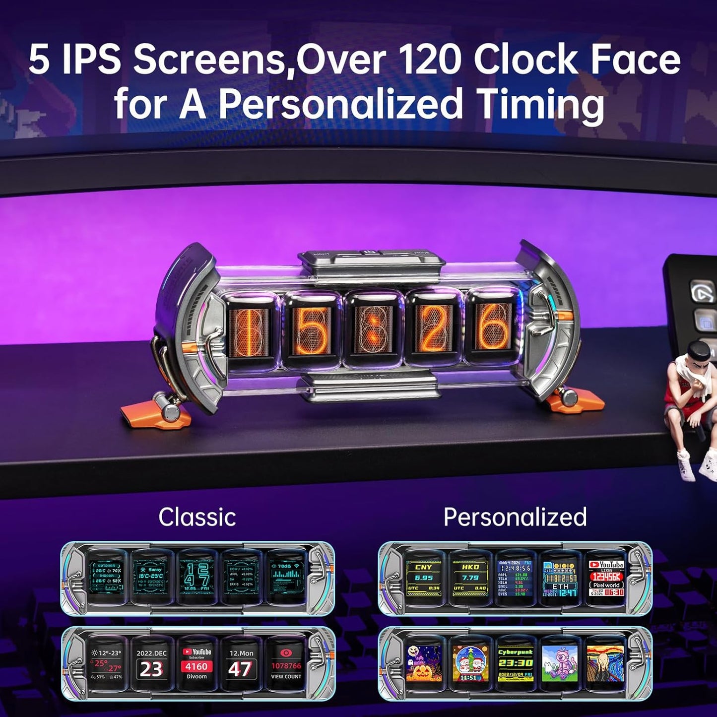 Divoom - Times Gate - Cyberpunk Gaming Setup Digital Alarm Clock, Smart APP, Wifi Connect, RGB LED Display, Personalized Financial & Bitcoin Dashboard, Pixel Art for Gaming Room & Office Decor, Silver - Serious Techies