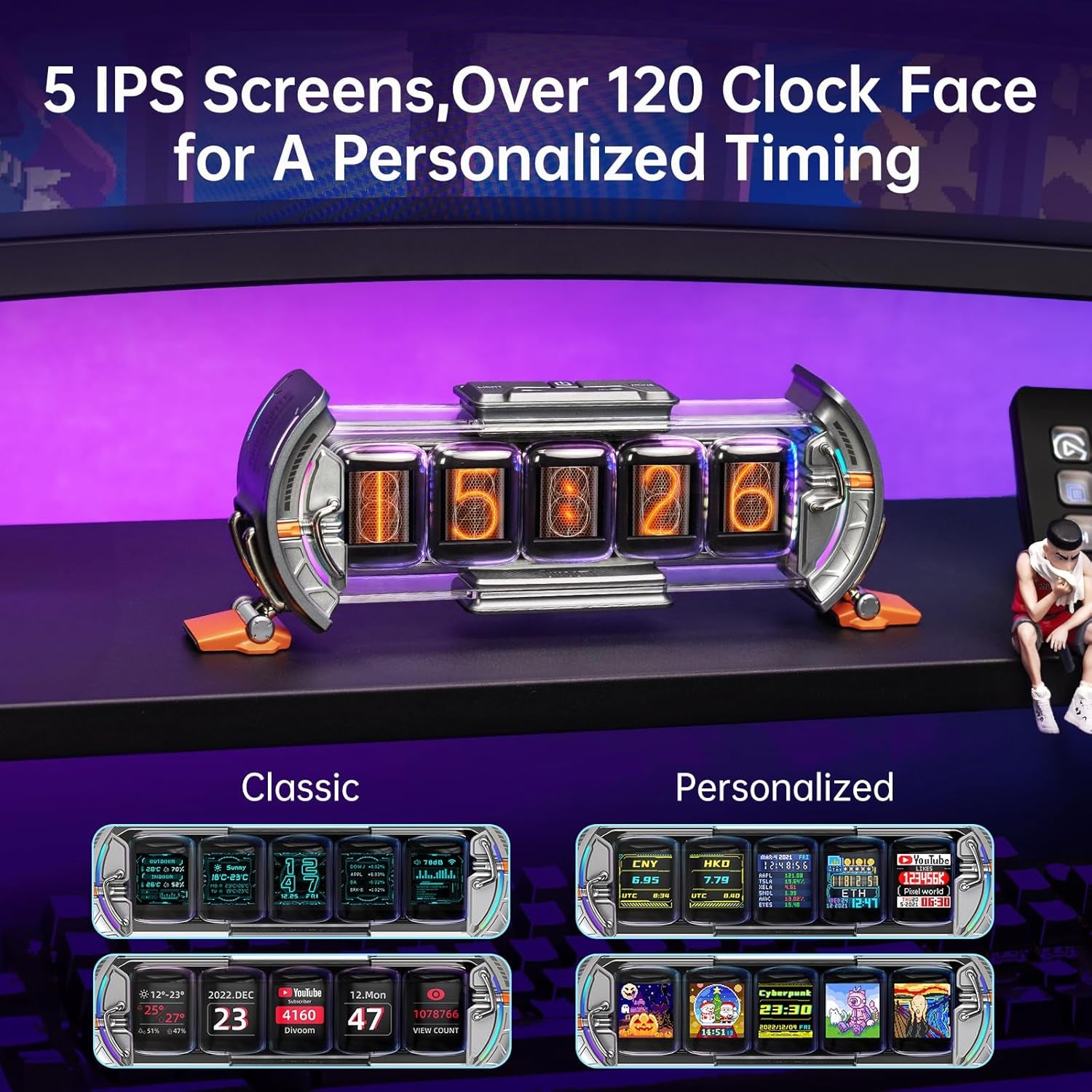Divoom - Times Gate - Cyberpunk Gaming Setup Digital Alarm Clock, Smart APP, Wifi Connect, RGB LED Display, Personalized Financial & Bitcoin Dashboard, Pixel Art for Gaming Room & Office Decor, Silver - Serious Techies