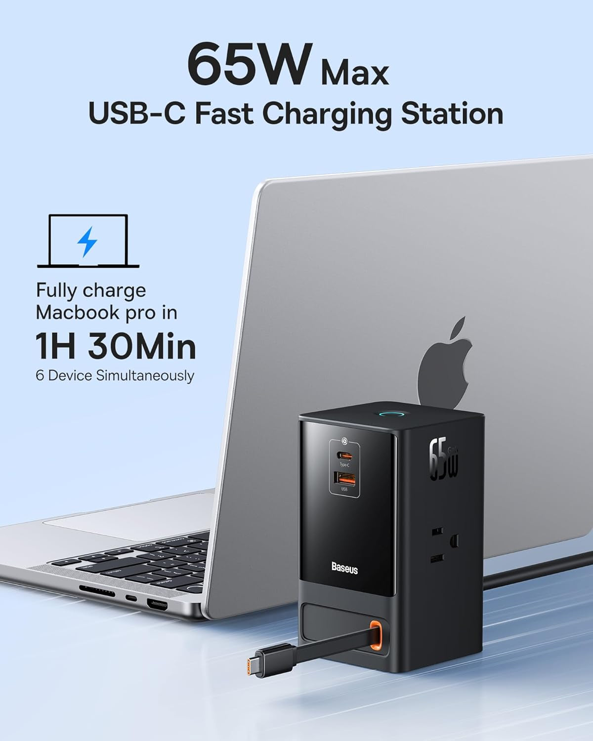 Baseus - 6-In-1 65W Charging Station with Retractable USB-C Cable, Power Combo USB C Power Strip for Multiple Devices, Fast Charger for Iphone, Macbook, Samsung, PS5 for Home/Office/Dorm/Travel - Serious Techies