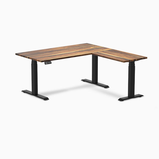 Desky - Hardwood L-Shape Sit Stand Desk - Pheasant wood / 60 X 30 X 62 X 20 Inches / Matte Black - Serious Techies