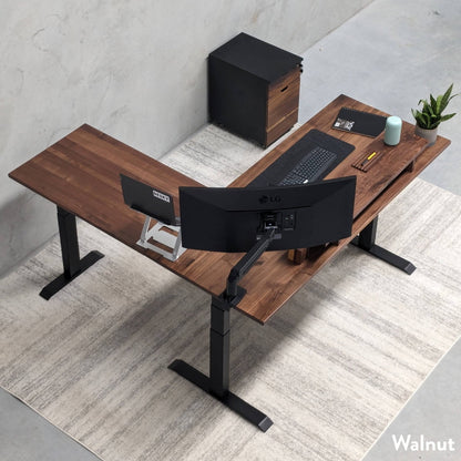 Desky - Hardwood L-Shape Sit Stand Desk - Pheasant wood / 60 X 30 X 62 X 20 Inches / Matte Black - Serious Techies