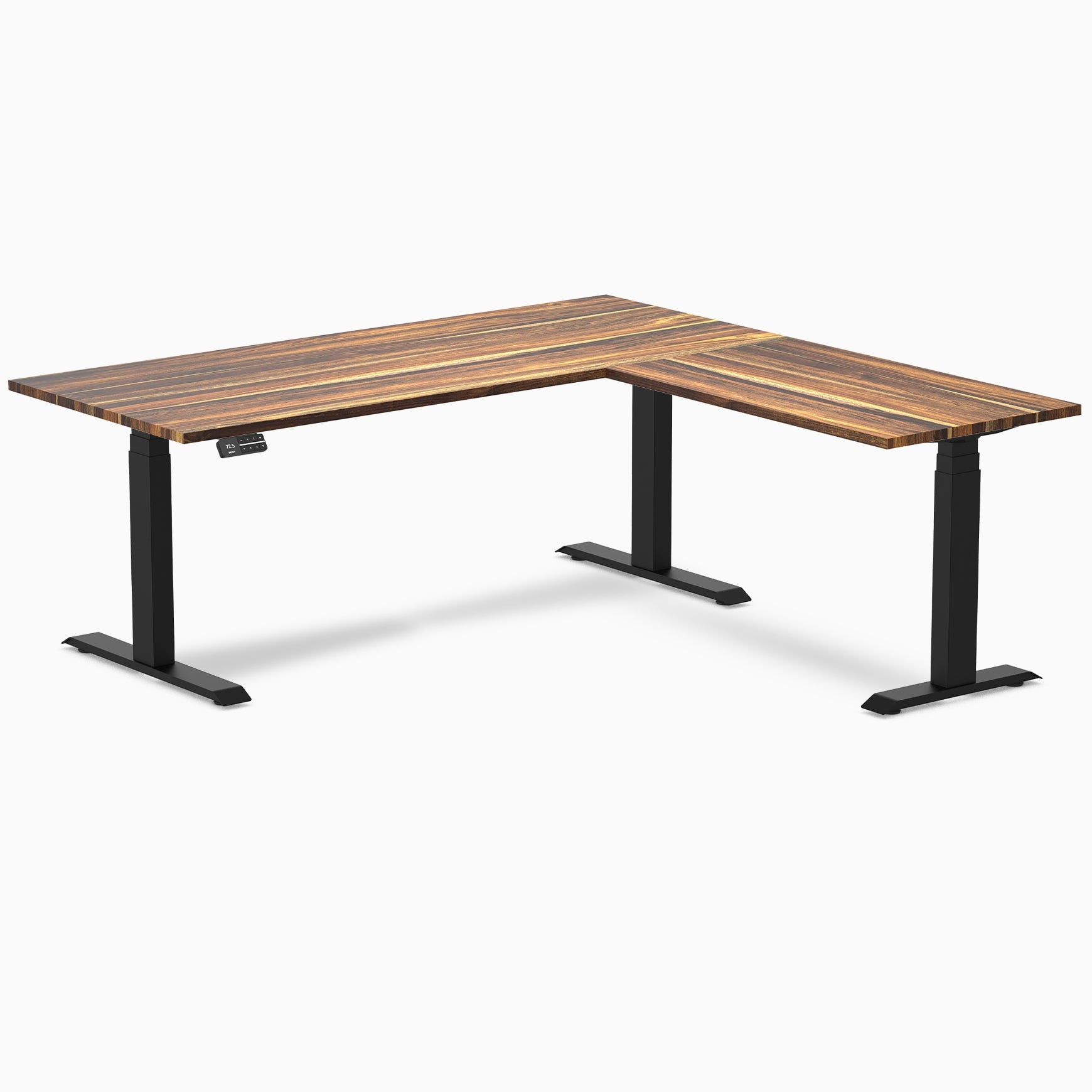 Desky - Hardwood L-Shape Sit Stand Desk - Pheasant wood / 72 X 30 X 70 X 24 Inches / Matte Black - Serious Techies