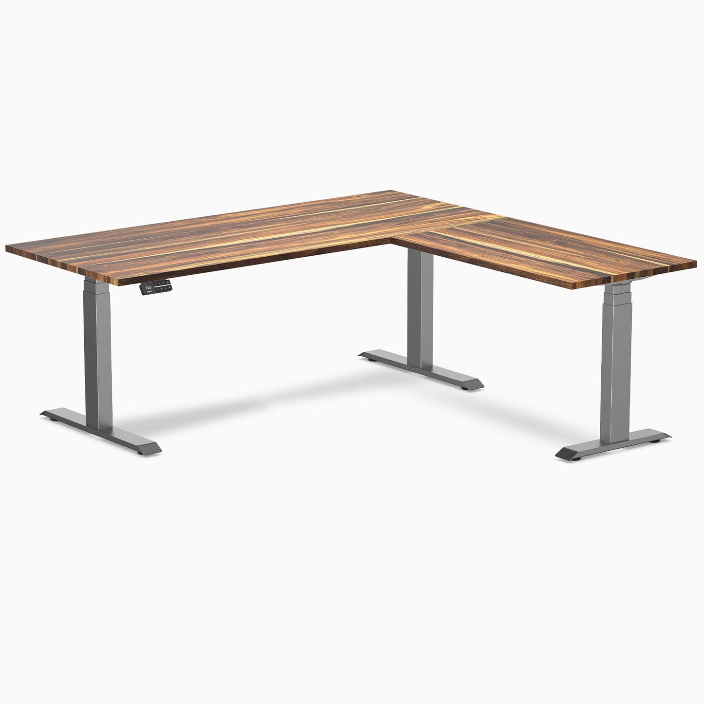 Desky - Hardwood L-Shape Sit Stand Desk - Pheasant wood / 72 X 30 X 70 X 24 Inches / Matte Black - Serious Techies