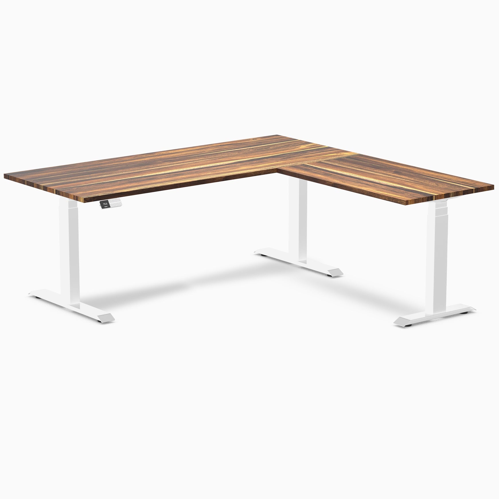 Desky - Hardwood L-Shape Sit Stand Desk - Pheasant wood / 72 X 30 X 70 X 24 Inches / Matte Black - Serious Techies