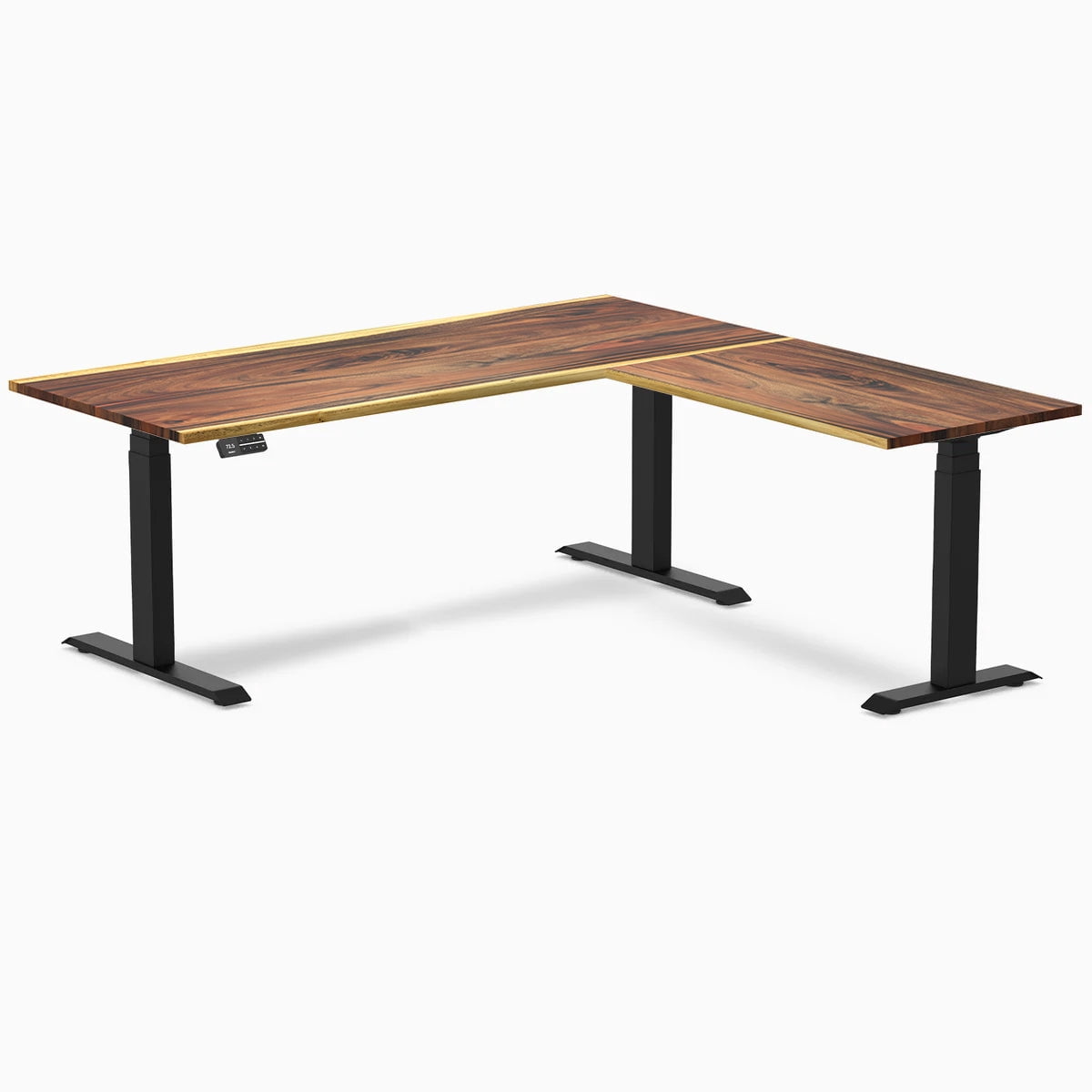 Desky - Hardwood L-Shape Sit Stand Desk - Pheasant wood / 72 X 30 X 70 X 24 Inches / Matte Black - Serious Techies