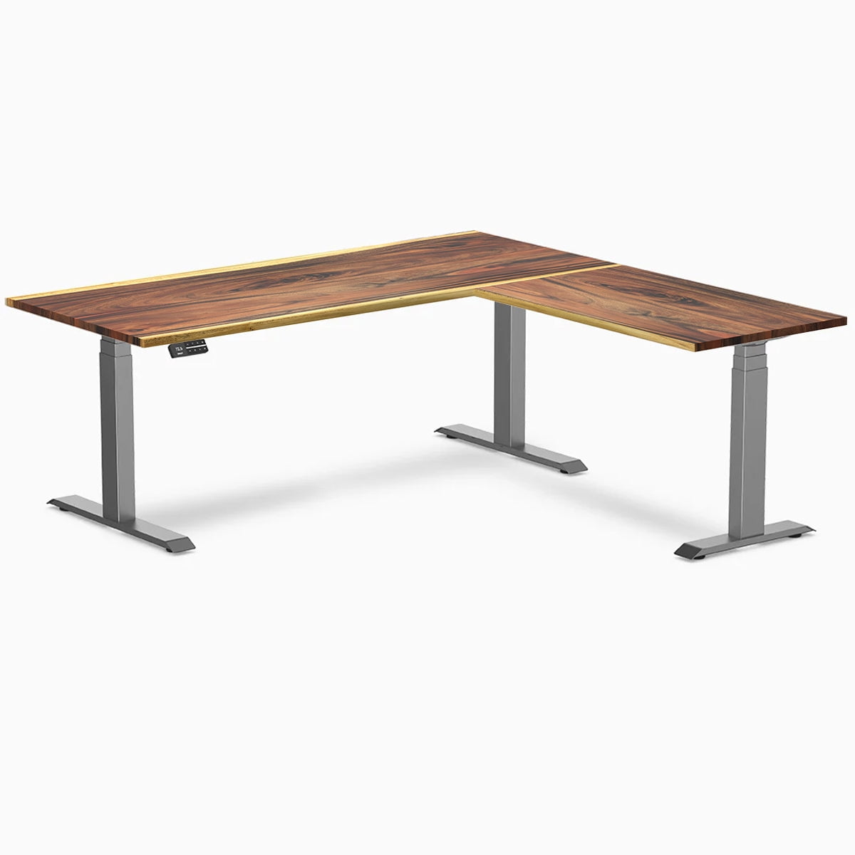 Desky - Hardwood L-Shape Sit Stand Desk - Pheasant wood / 72 X 30 X 70 X 24 Inches / Matte Black - Serious Techies